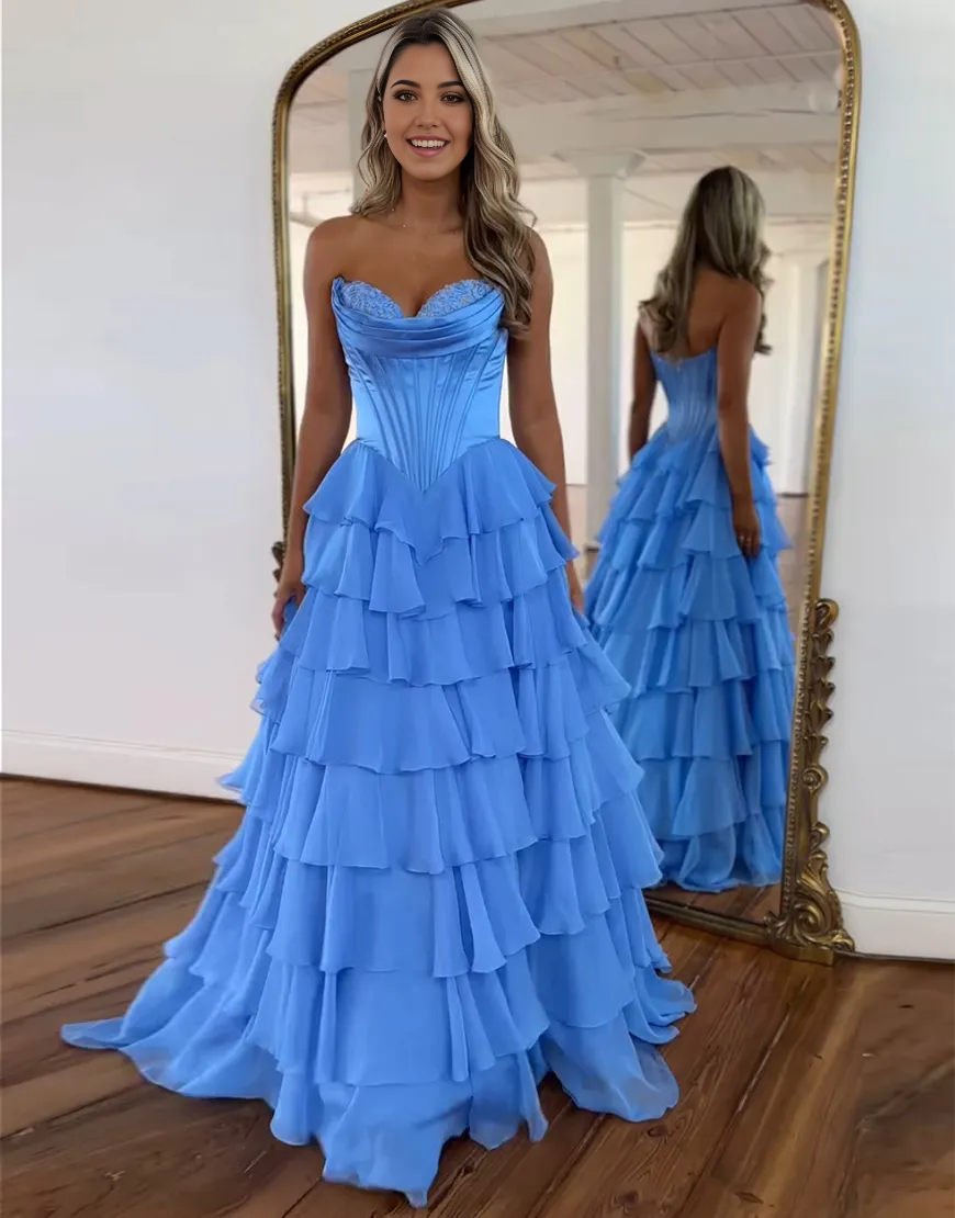 A-Line Strapless Corset Tiered Long formal dresses evening gown Prom Dress with Slit