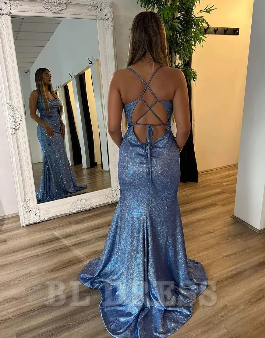Mermaid Sparkly Spaghetti Straps Ruched Grey Blue Long formal dresses Bridesmaid Dresses evening gown Prom Dress