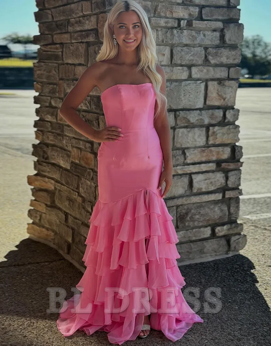 Mermaid Strapless Ruffles Blue Long formal dresses evening gown Prom Dress with Slit