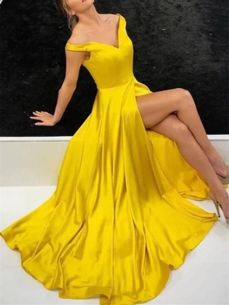 A-line Off The Shoulder Satin Long Prom Dresses With Slit