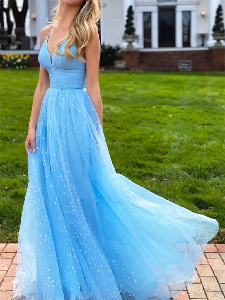 V Neck Tulle Beads Long Prom Dresses