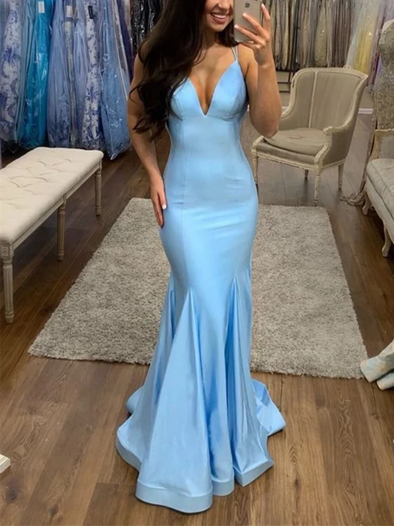 Mermaid V Neck Long Satin Prom Dresses Formal Evening Dresses