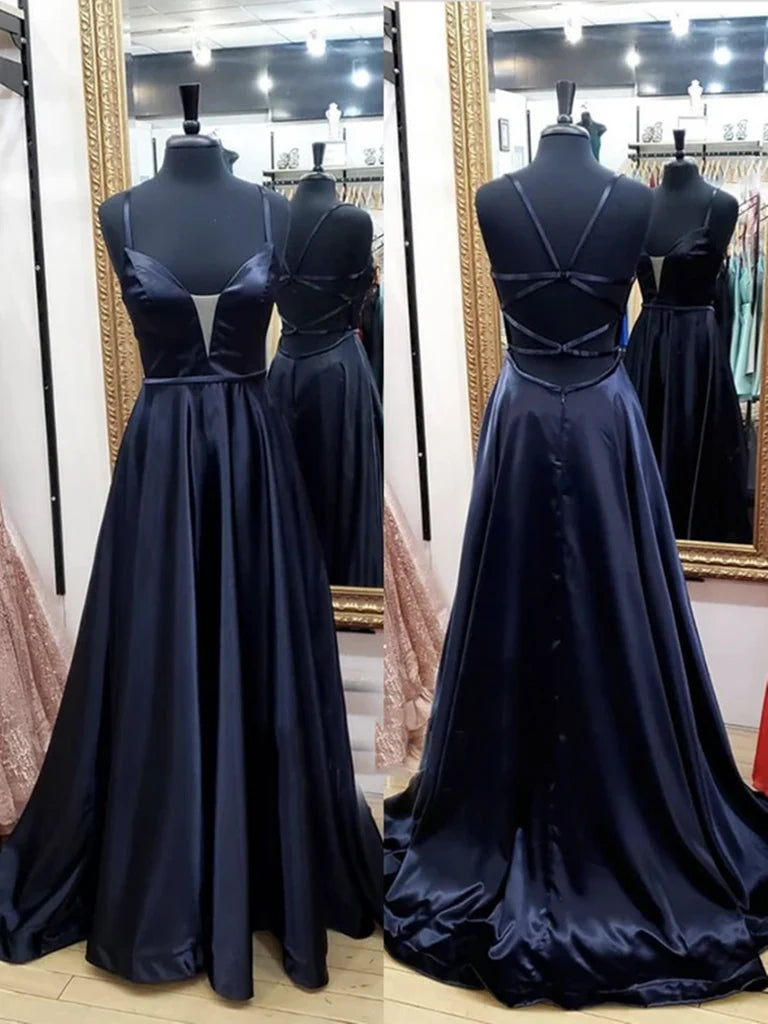 A-line V Neck Backless Satin Long Prom Dresses