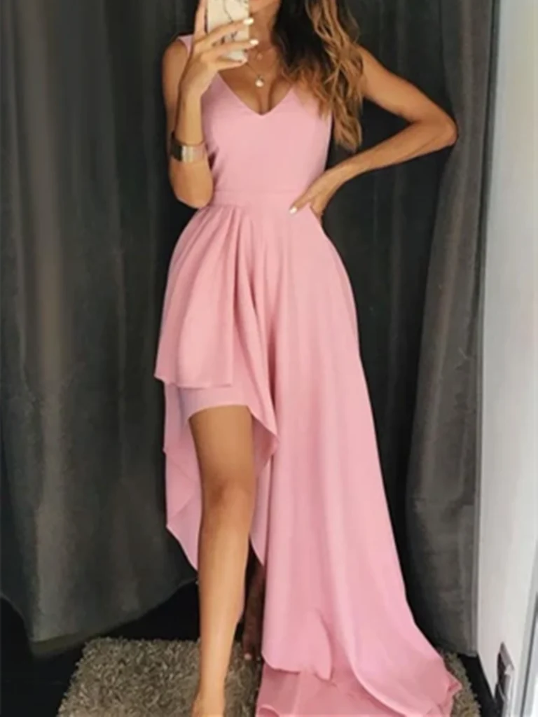 A Line V Neck High Low Simple Long Prom Dresses