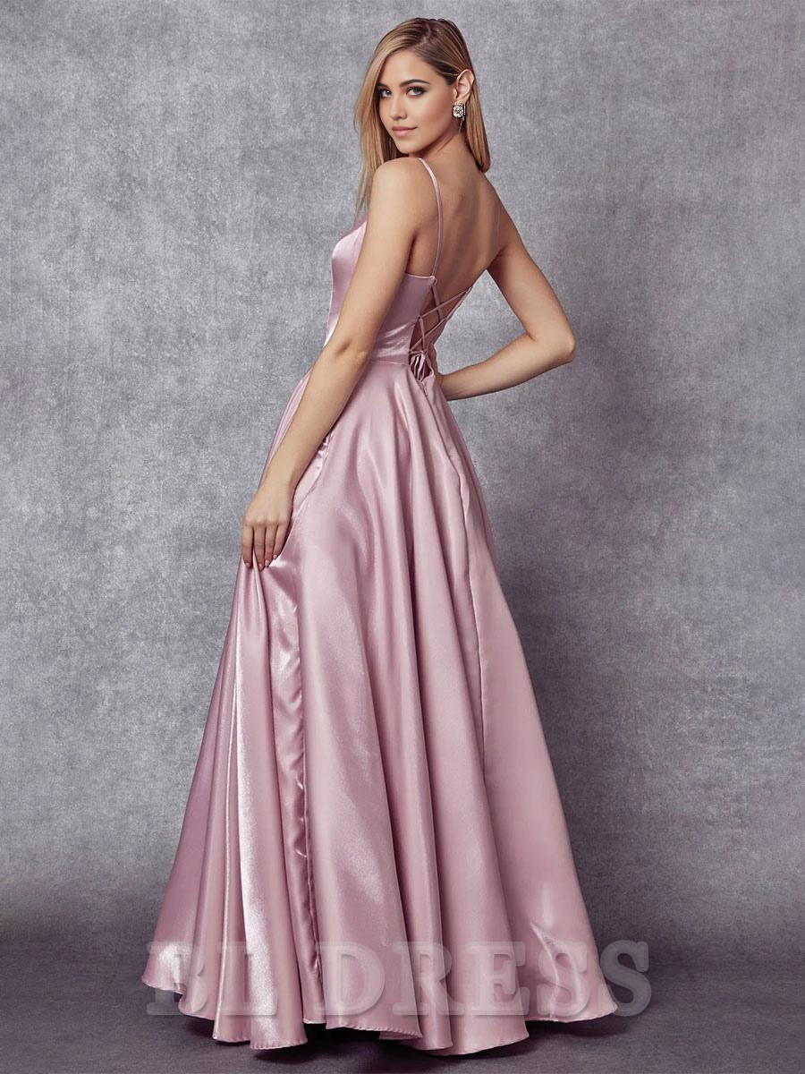 A-Line V-Neck Sleeveless Pockets Satin formal dresses Bridesmaid Dresses evening gown Prom Dress