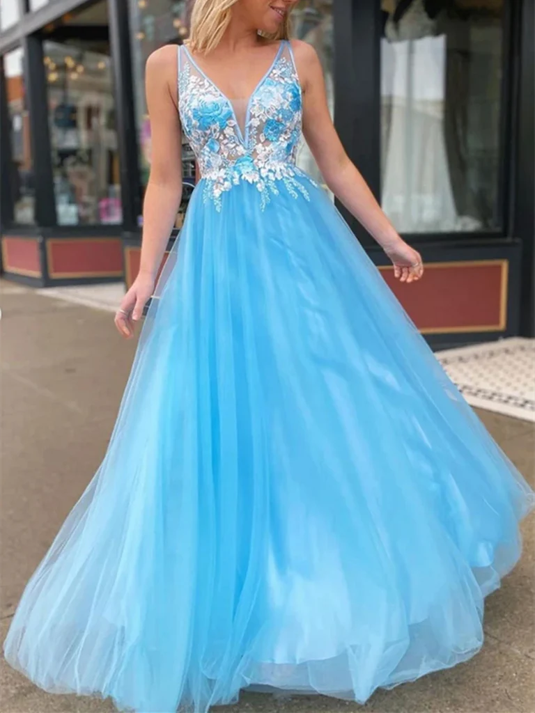 A-line V Neck Backless Lace Appliques Long Prom Dresses