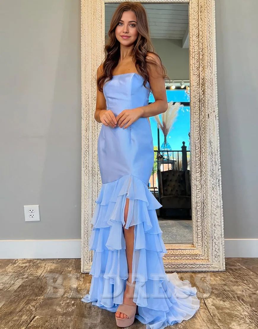 Mermaid Strapless Ruffles Blue Long formal dresses evening gown Prom Dress with Slit