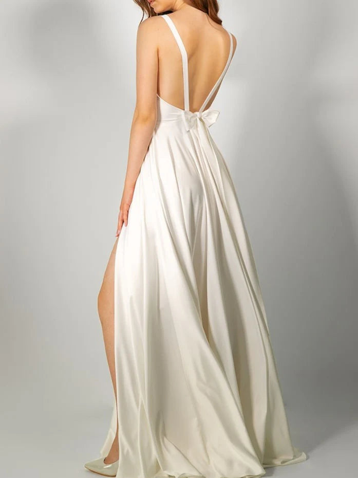 A-Line V Neck Floor-Length Wedding Dress