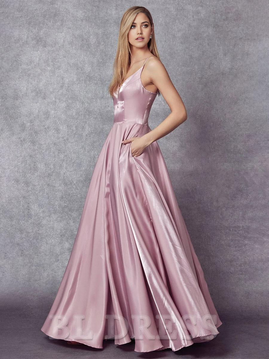 A-Line V-Neck Sleeveless Pockets Satin formal dresses Bridesmaid Dresses evening gown Prom Dress