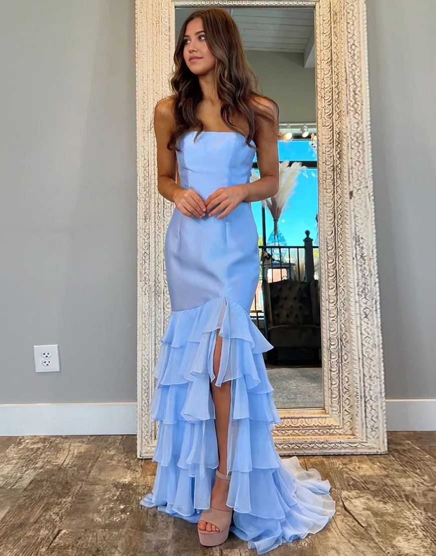 Mermaid Strapless Ruffles Blue Long formal dresses evening gown Prom Dress with Slit