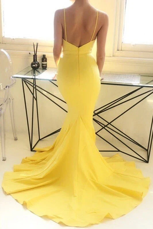 Mermaid Plunging Neckline Satin Prom Dresses
