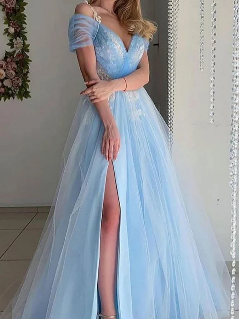 A Line V Neck Off Shoulder Tulle Long Prom Dresses