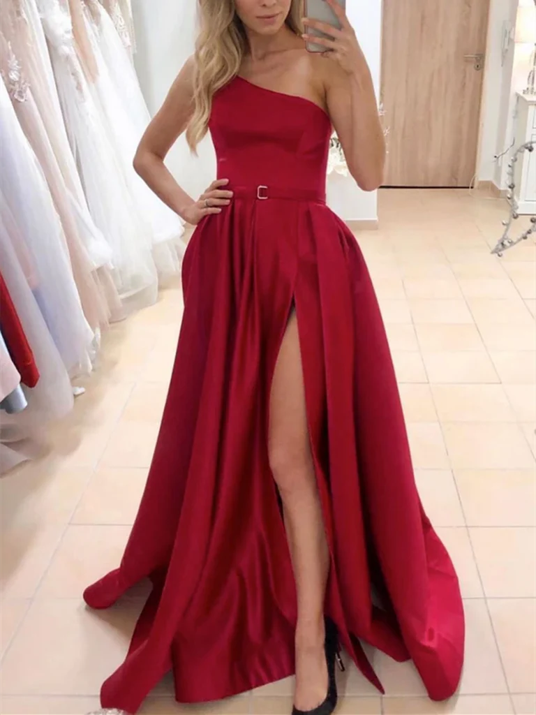 A-line One Shulder Satin Long Prom Dresses With Slit