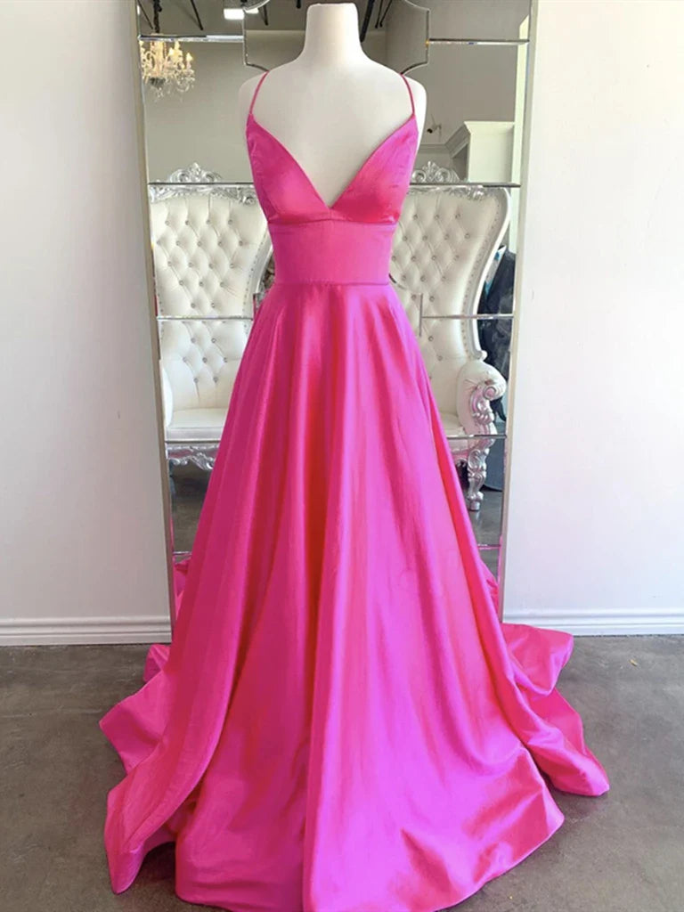 A Line V Neck Backless Long Prom Dresses