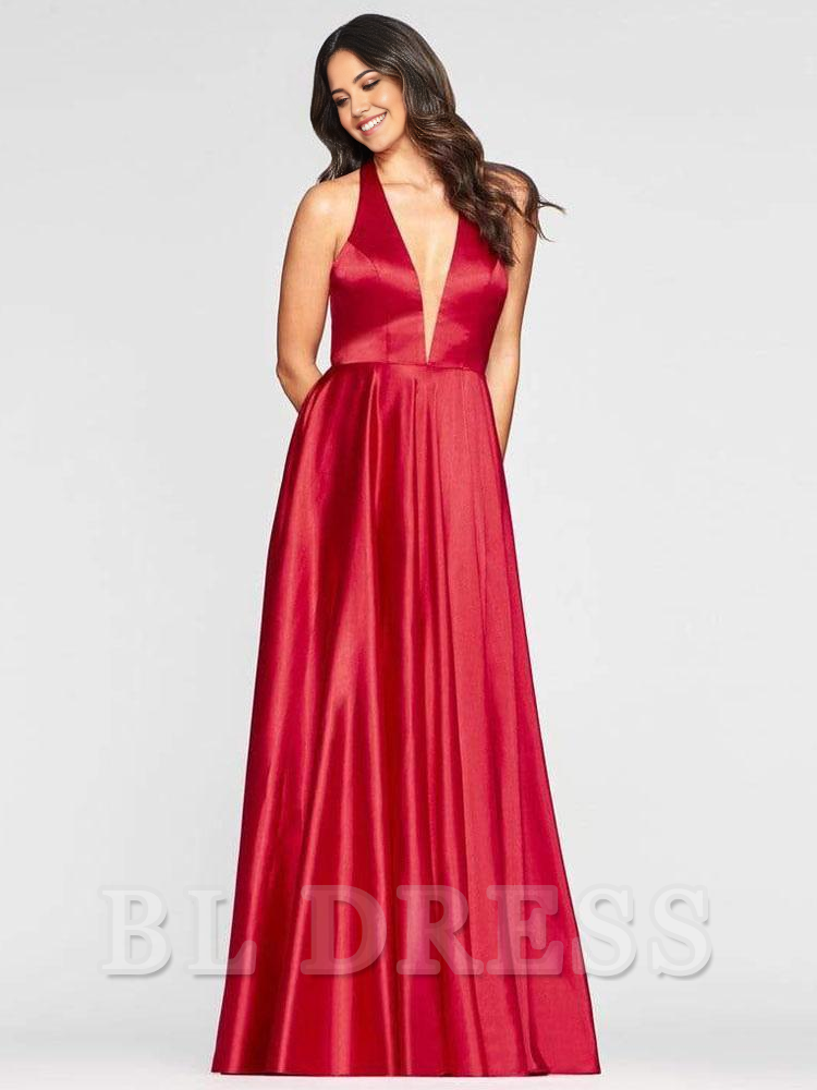A-Line V-Neck Satin Halter Sleeveless Long formal dresses Bridesmaid Dresses evening gown Prom Dress