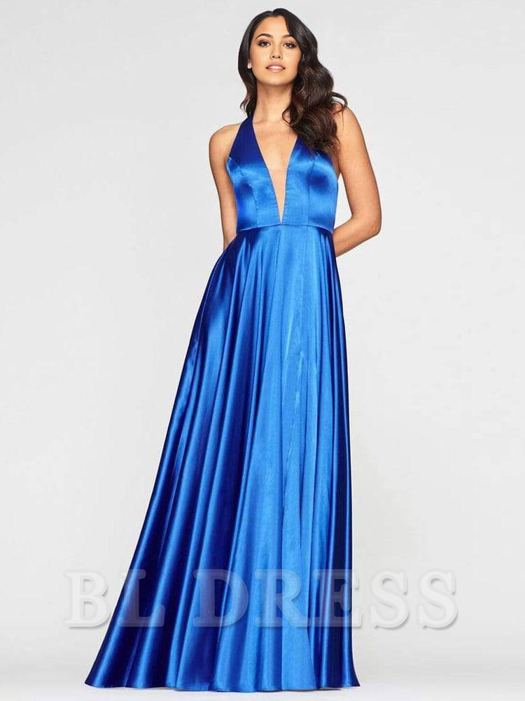 A-Line V-Neck Satin Halter Sleeveless Long formal dresses Bridesmaid Dresses evening gown Prom Dress