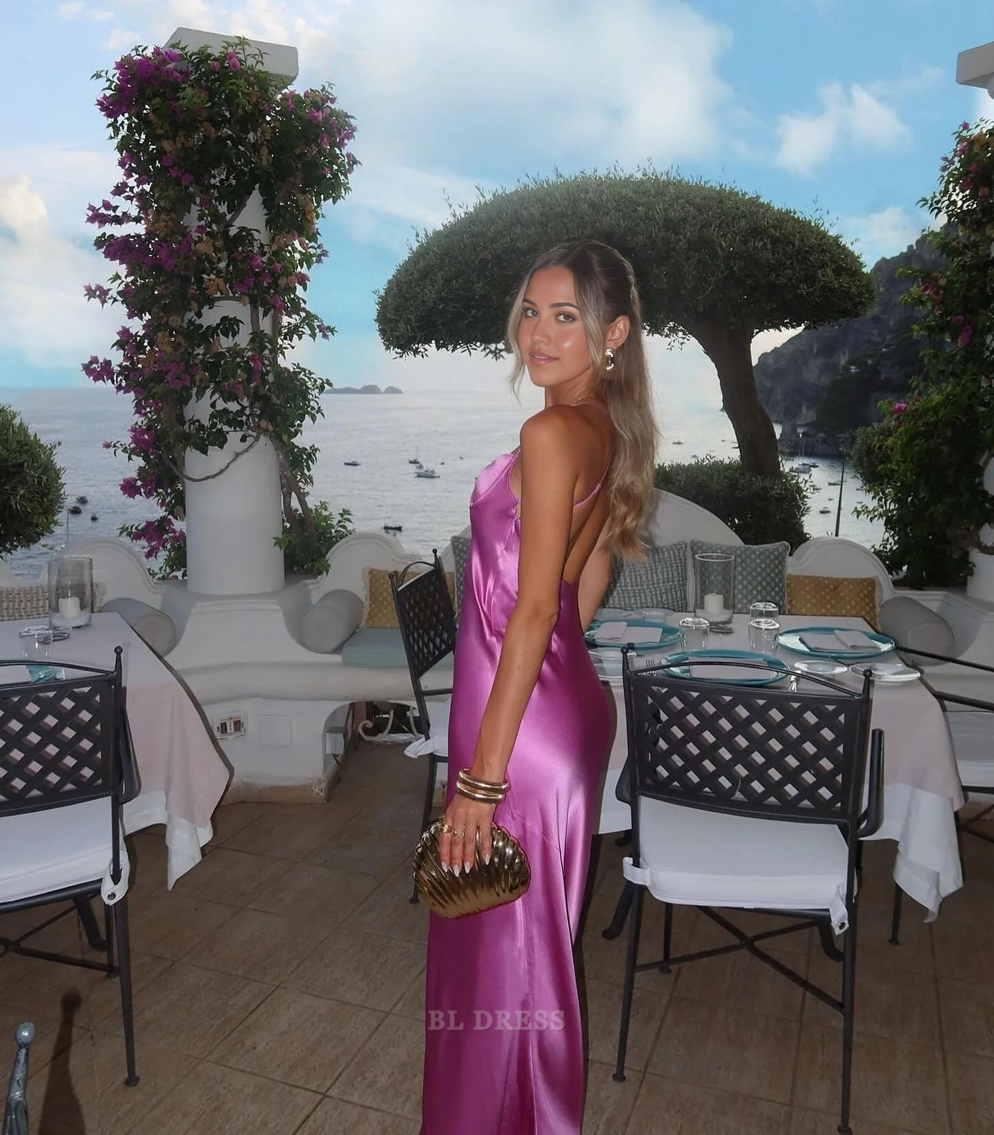 Sheath Spaghetti Straps Backless Pink Satin formal dresses Bridesmaid Dresses evening gown Prom Dress