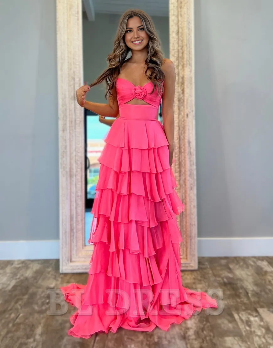 A-Line Strapless Flowers Ruffles Chiffon Black Long formal dresses evening gown Prom Dress with Slit