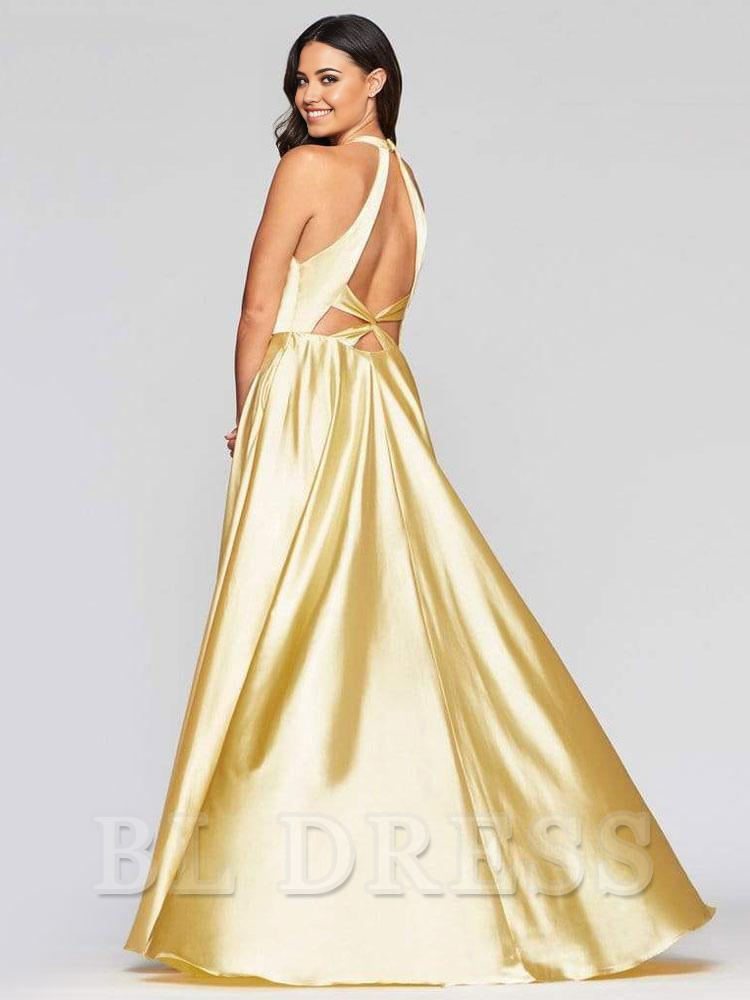 A-Line V-Neck Satin Halter Sleeveless Long formal dresses Bridesmaid Dresses evening gown Prom Dress