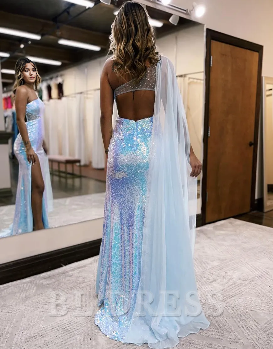 Sparkly One-Shoulder Sequins Side Slit White Long formal dresses Bridesmaid Dresses evening gown Prom Dress With Tulle Streamer