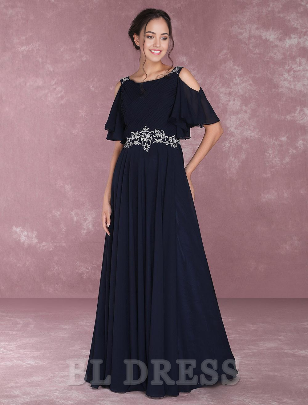 A-line Shoulder Pleated Chiffon Beading Floor Length formal dresses Bridesmaid Dresses evening gown Prom Dress