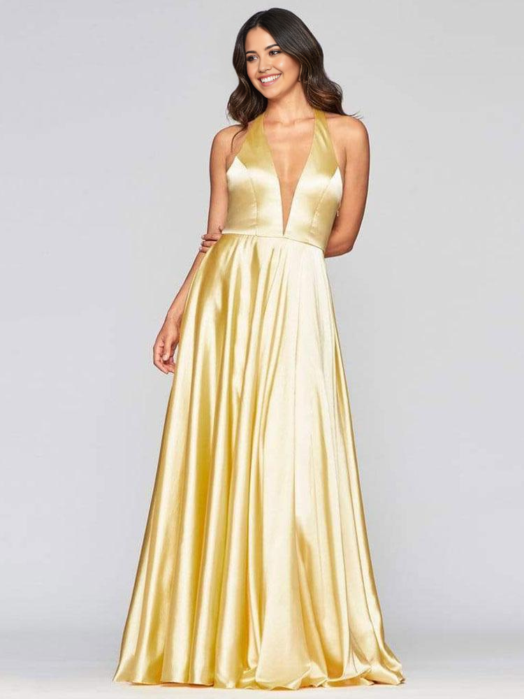 A-Line V-Neck Satin Halter Sleeveless Long formal dresses Bridesmaid Dresses evening gown Prom Dress