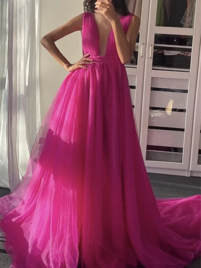 V Neck Tulle Long Prom Dresses