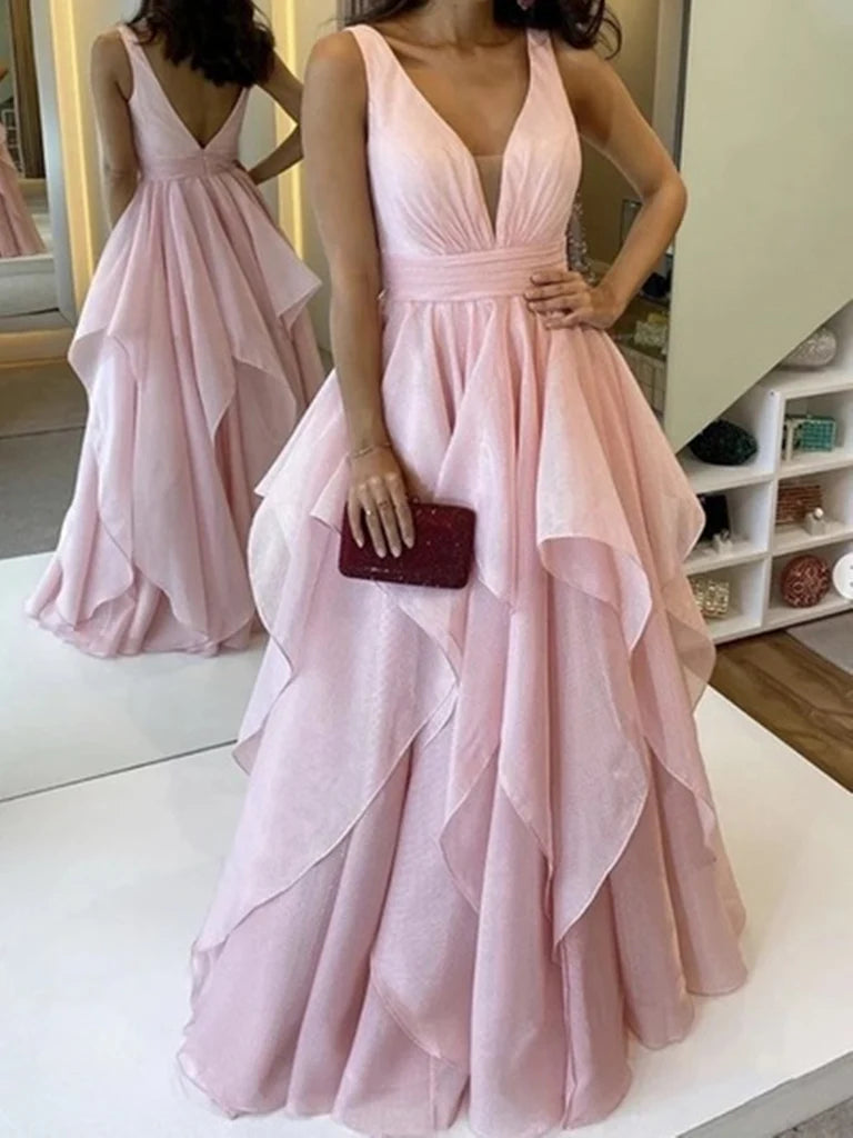 A Line V Neck Long Prom Dresses