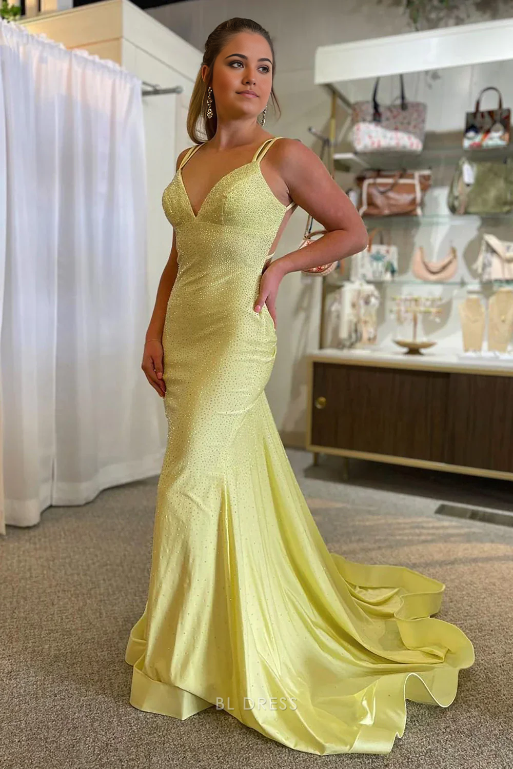 Mermaid Sparkly Spaghetti Straps Yellow Long formal dresses Bridesmaid Dresses evening gown Prom Dress