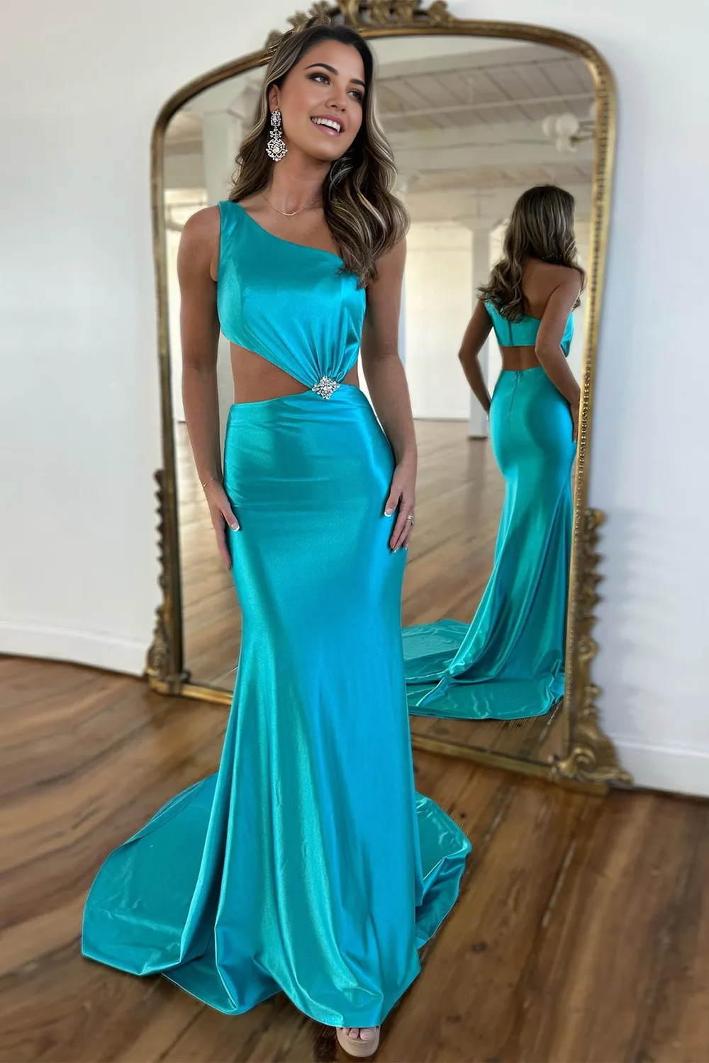 Mermaid One Shoulder Cutout Waist Long Satin formal dresses evening gown Prom Dress With Beading