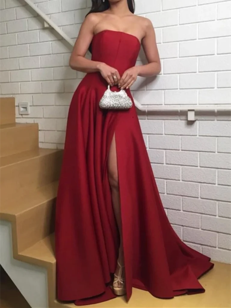 A-line Strapless Satin Prom Dresses Long Formal Evening Dresses with Slit Side