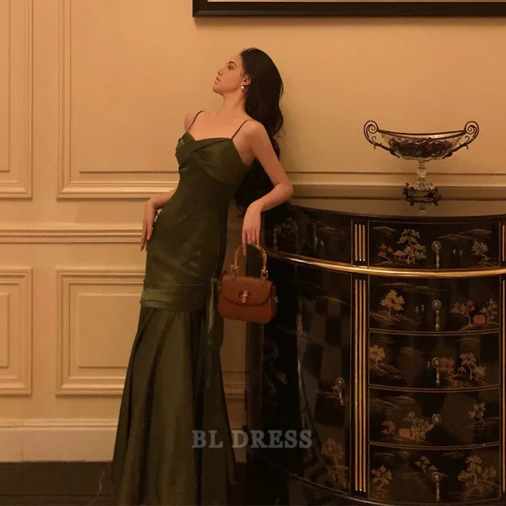 Mermaid Spaghetti Straps Green Satin Long formal dresses Bridesmaid Dresses evening gown Prom Dress