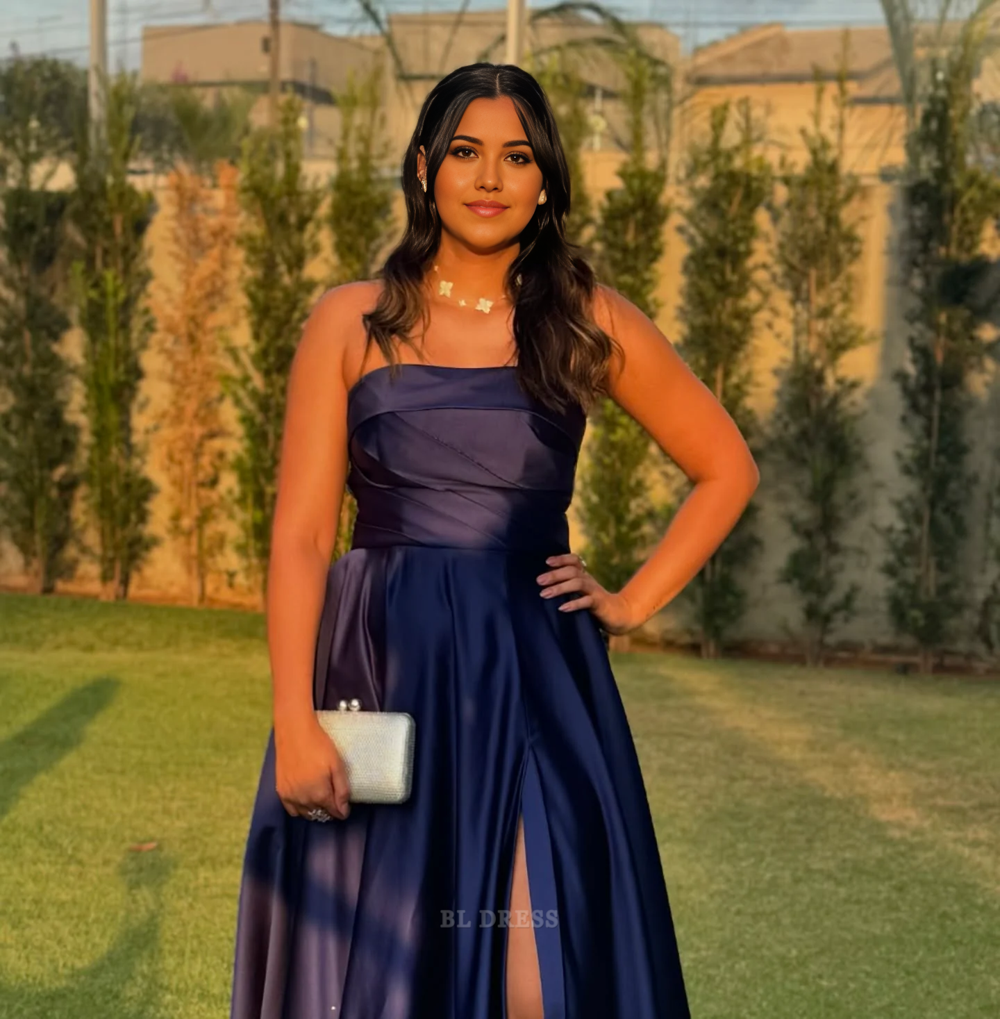 A Line Strapless Satin formal dresses Bridesmaid Dresses evening gown Prom Dress With Split