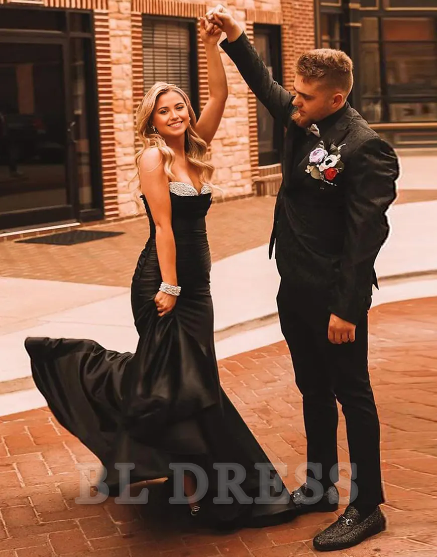 Mermaid Sparkly Beaded Strapless Satin Black Long formal dresses Bridesmaid Dresses evening gown Prom Dress