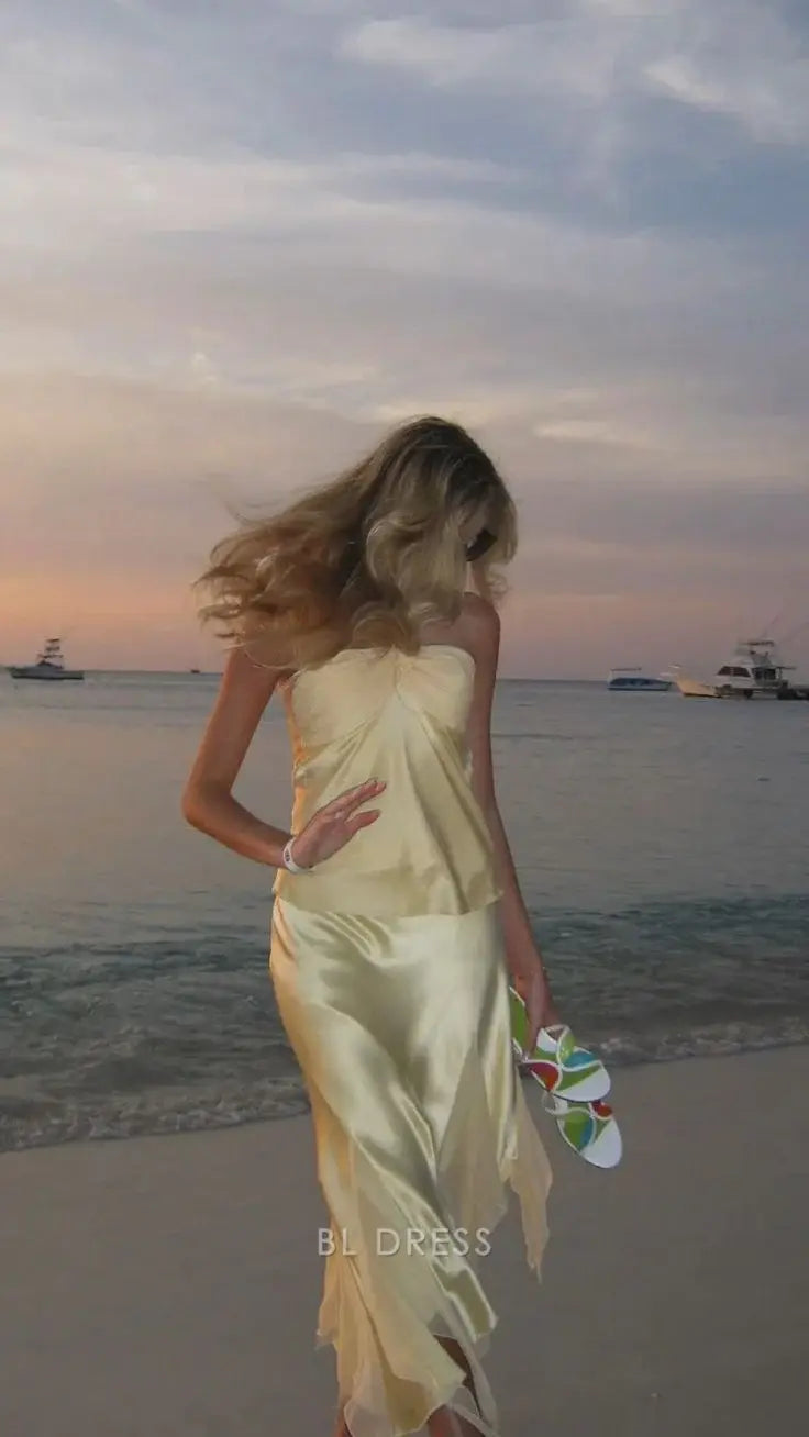 Two Piece Elegant Yellow formal dresses Bridesmaid Dresses evening gown Prom Dress