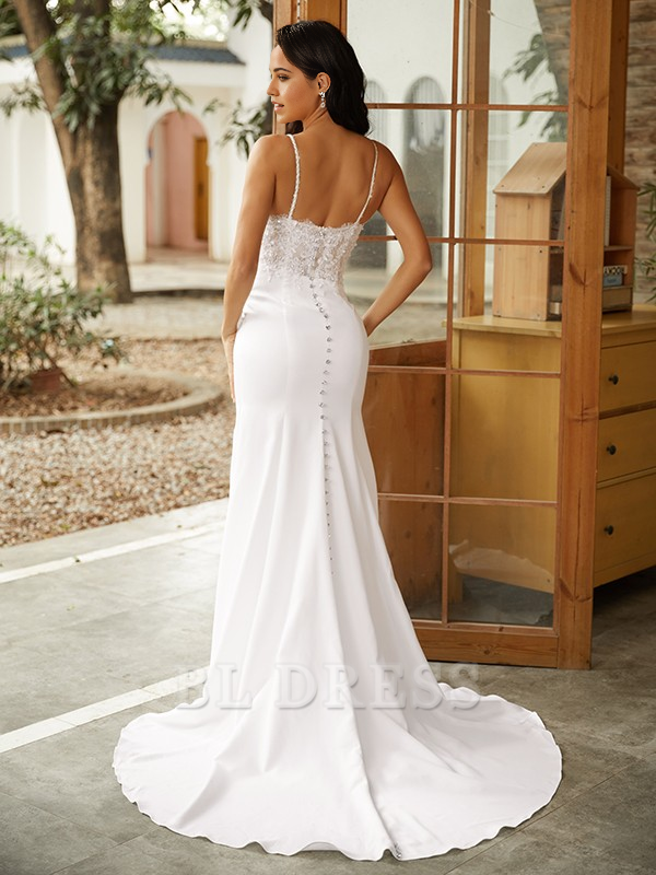 Mermaid V-neck Spaghetti Straps Sleeveless Lace Train formal dresses evening gown Prom Dress Wedding Dresses