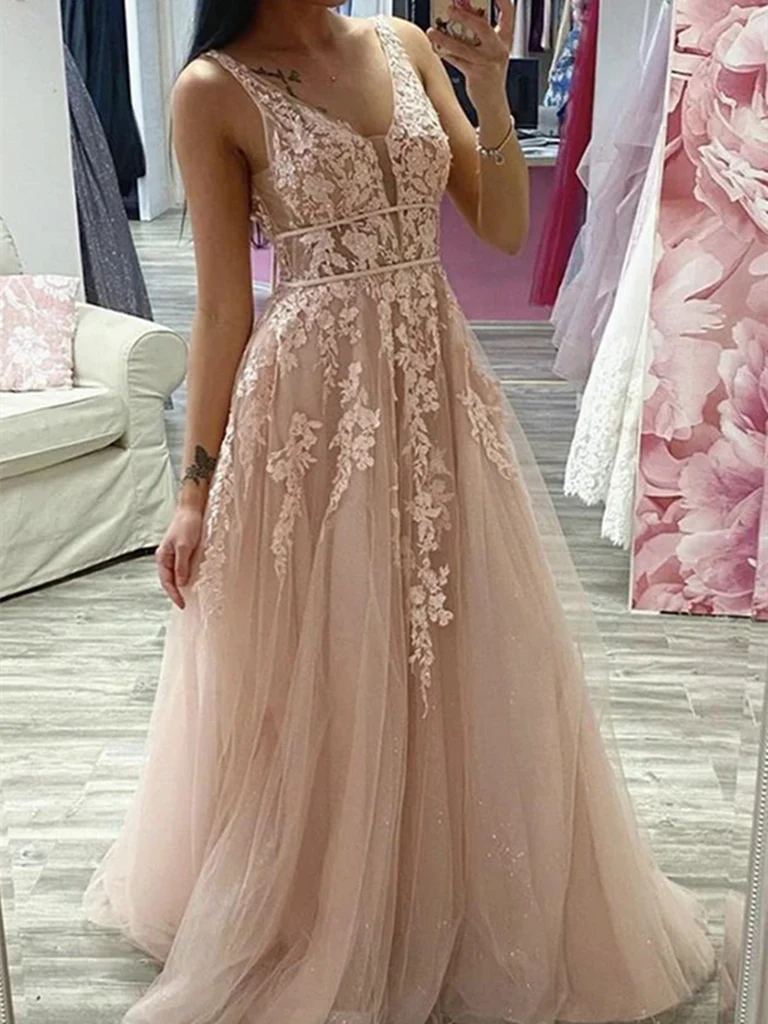 A-Line V-Neck Lace Applique Long Ball Gown