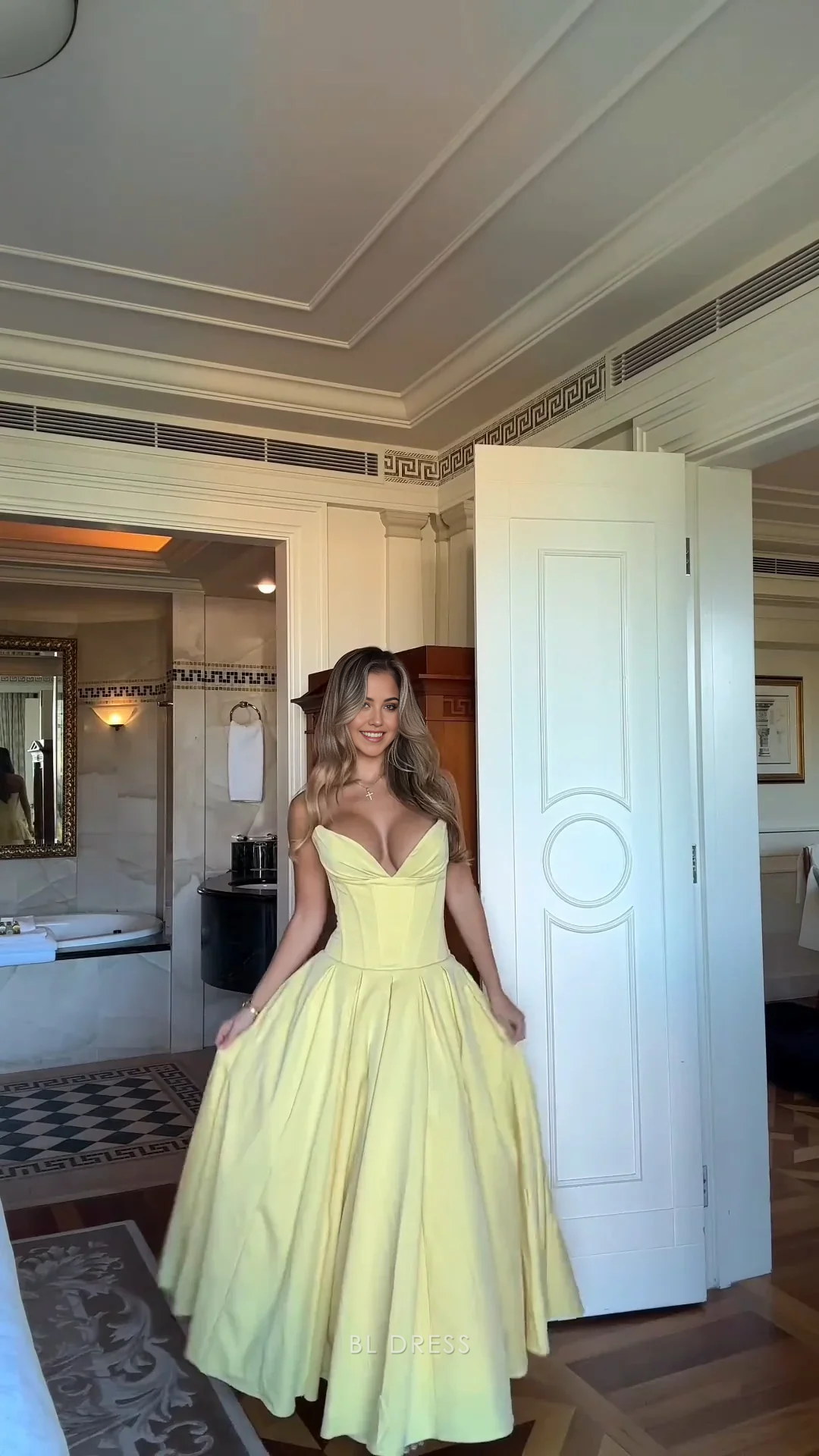 A Line Elegant Strapless Yellow Satin formal dresses Bridesmaid Dresses evening gown Prom Dress