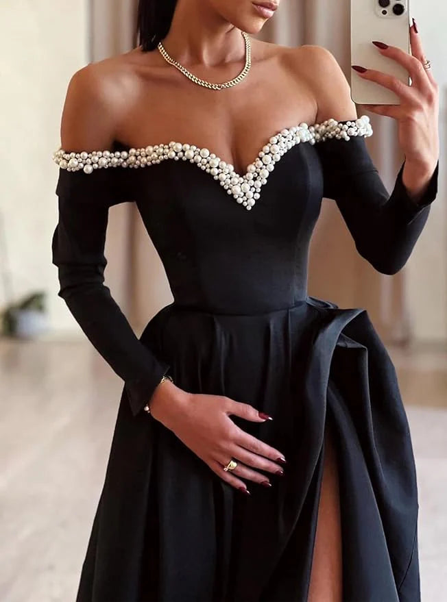 A-Line Sexy Swing Brush Long Sleeve Off-the-shoulder Satin Pearl Slit Evening Gown Formal Prom Dress