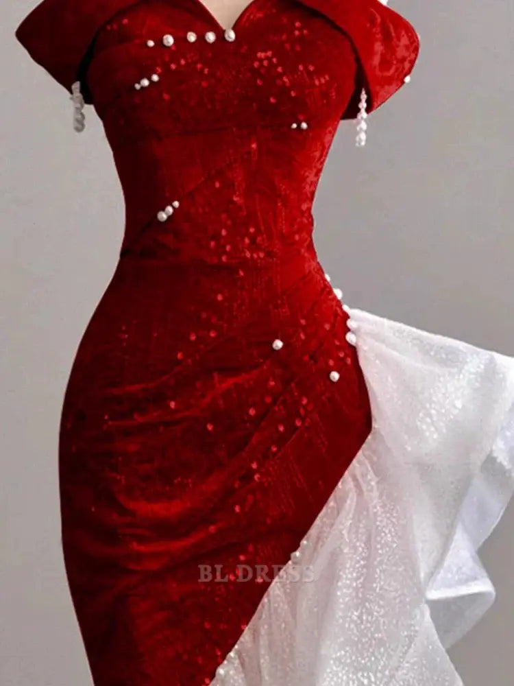 Sheath Off The Shoulder Sequin Red formal dresses Bridesmaid Dresses evening gown Prom Dress