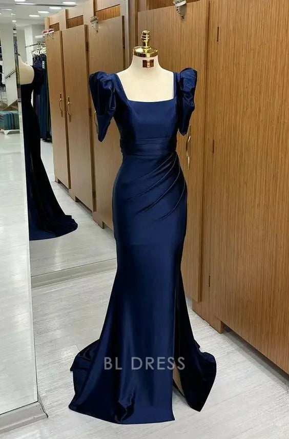 Mermaid Bubble Sleeves Square Blue Long formal dresses Bridesmaid Dresses evening gown Prom Dress With Slit