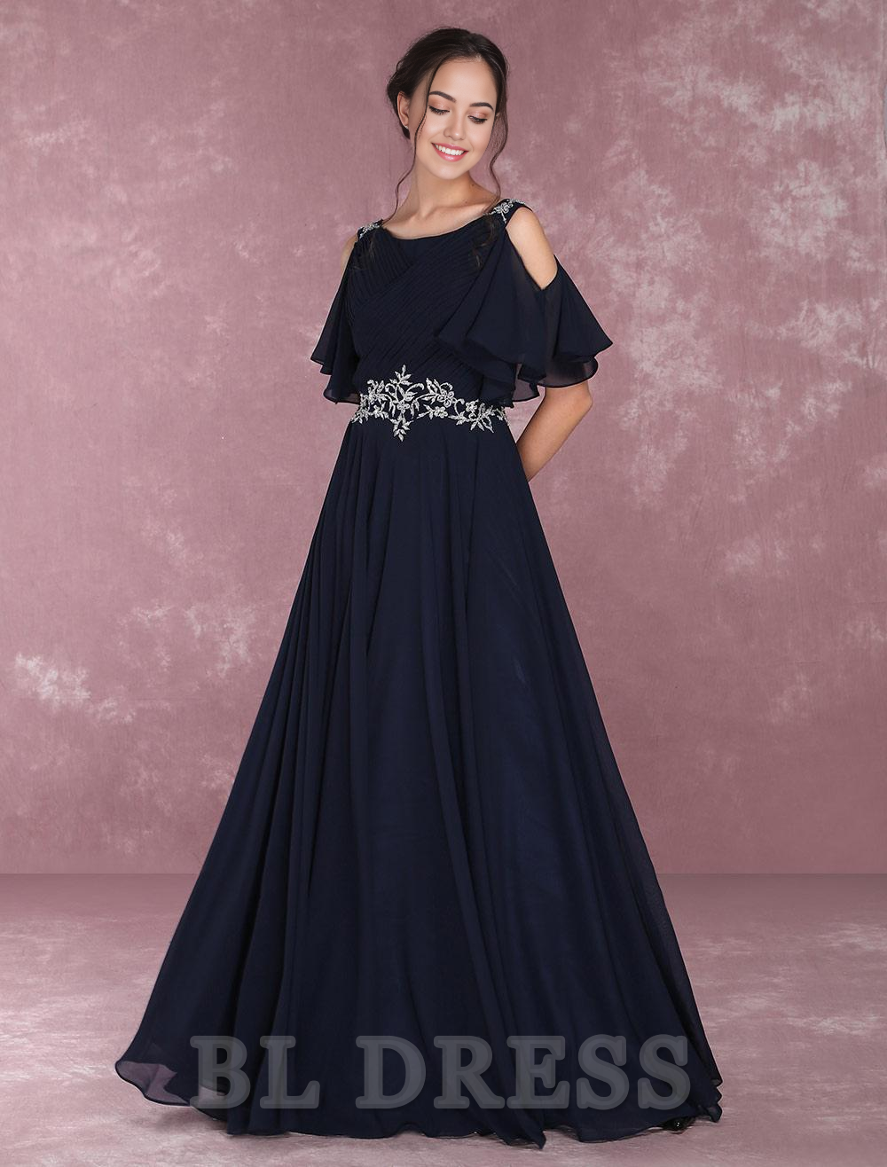 A-line Shoulder Pleated Chiffon Beading Floor Length formal dresses Bridesmaid Dresses evening gown Prom Dress
