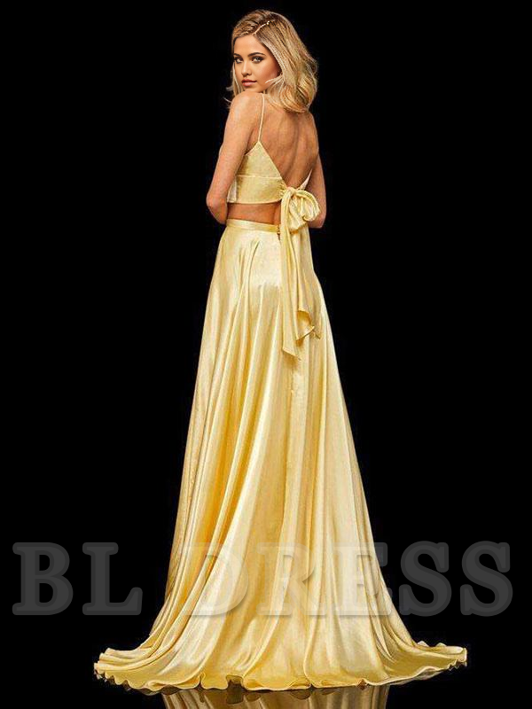A-Line V-Neck Sleeveless Satin Split Front Long formal dresses Bridesmaid Dresses evening gown Prom Dress