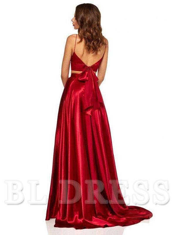 A-Line V-Neck Sleeveless Satin Split Front Long formal dresses Bridesmaid Dresses evening gown Prom Dress