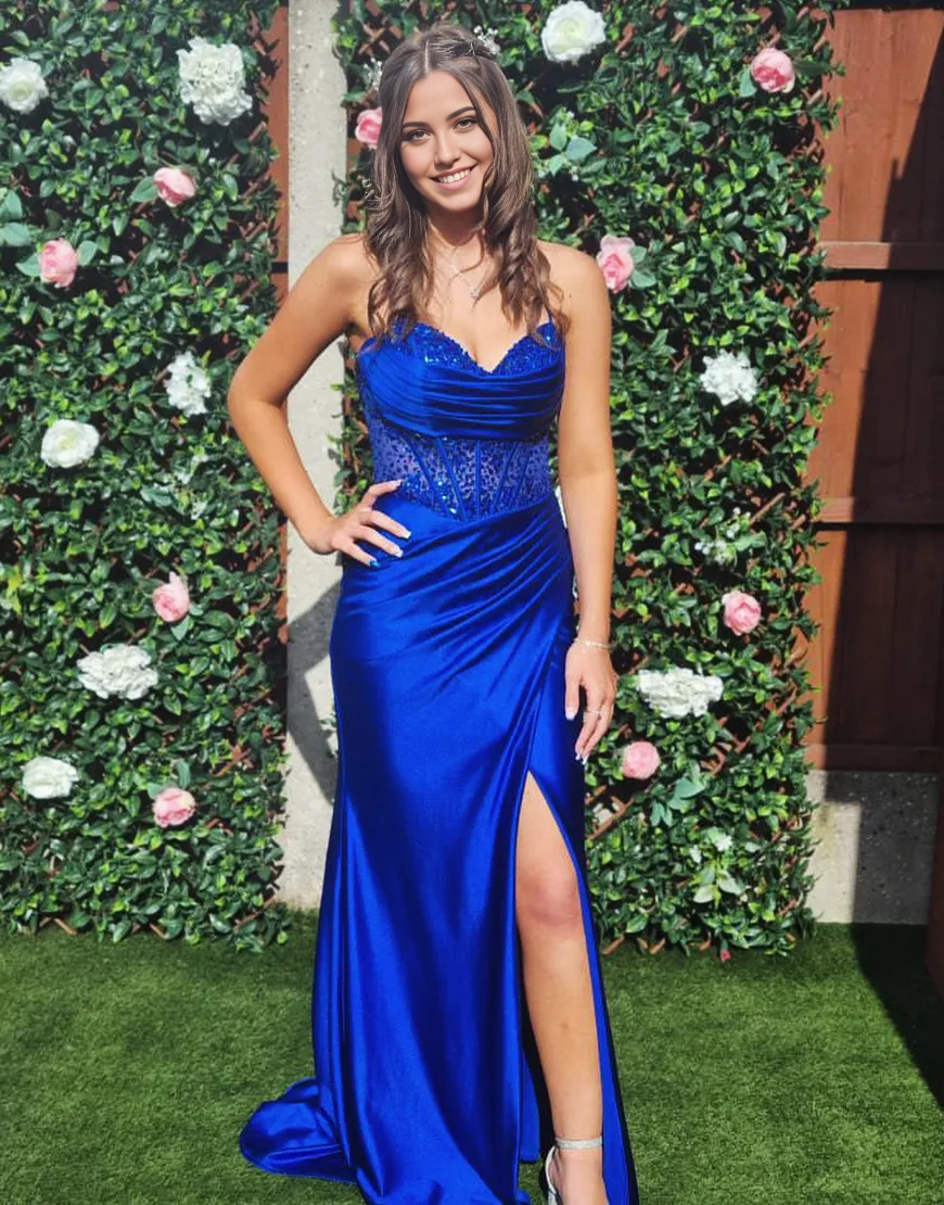 Mermaid Sparkly Spaghetti Straps Corset Sequined Satin Long formal dresses evening gown Prom Dress with Slit