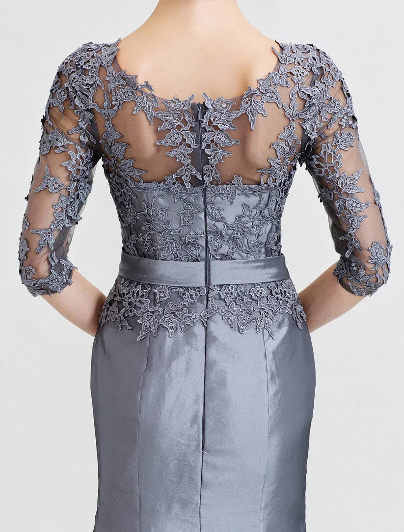 Mermaid / Trumpet Mother of the Bride Dress Beautiful Back See Through Illusion Detail Jewel Neck Floor Length Taffeta Corded Lace 3/4 Length Sleeve with Beading