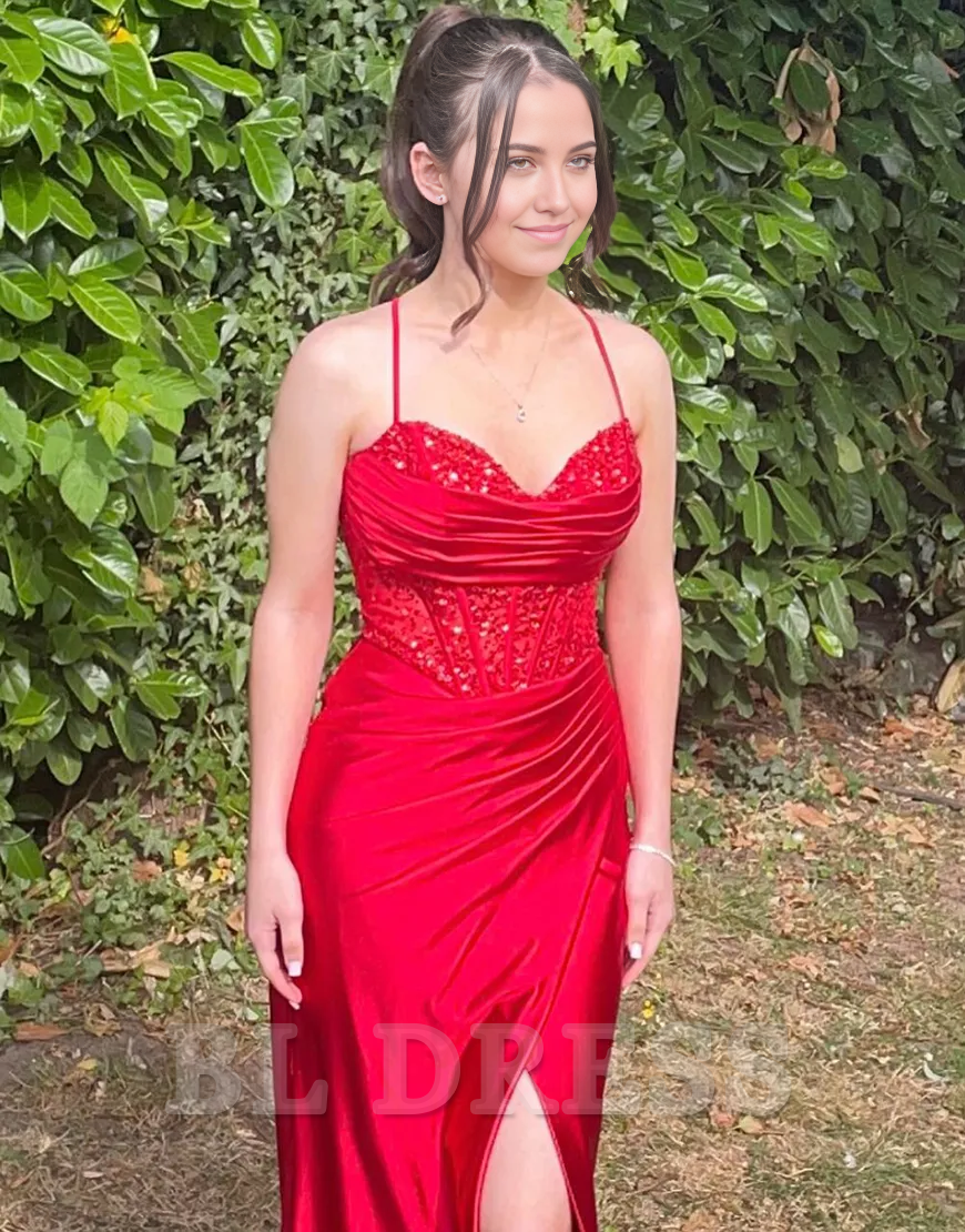 Mermaid Sparkly Spaghetti Straps Corset Sequined Satin Long formal dresses evening gown Prom Dress with Slit