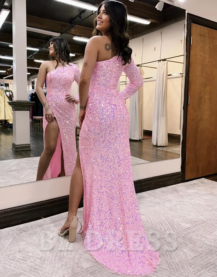 Sheath Sparkly One-Shoulder Long Sleeve Sequins formal dresses Bridesmaid Dresses evening gown Prom Dress With Side Slits