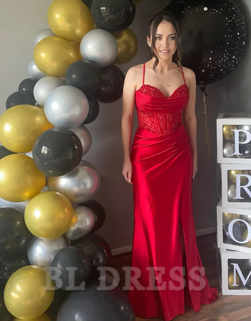 Mermaid Sparkly Spaghetti Straps Corset Sequined Satin Long formal dresses evening gown Prom Dress with Slit