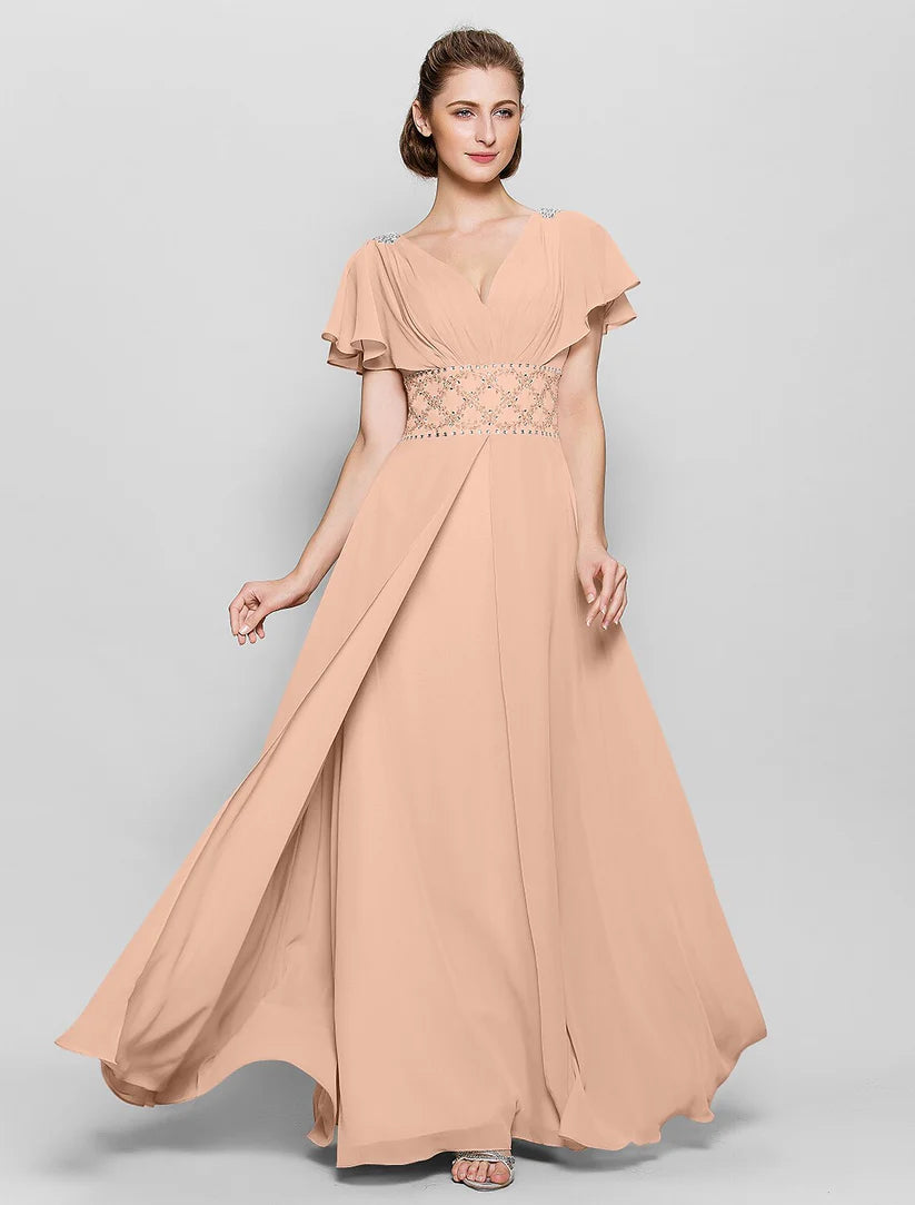 A-Line Mother of the Bride Dress Beautiful Back V Neck Floor Length Chiffon Short Sleeve No with Criss Cross Beading